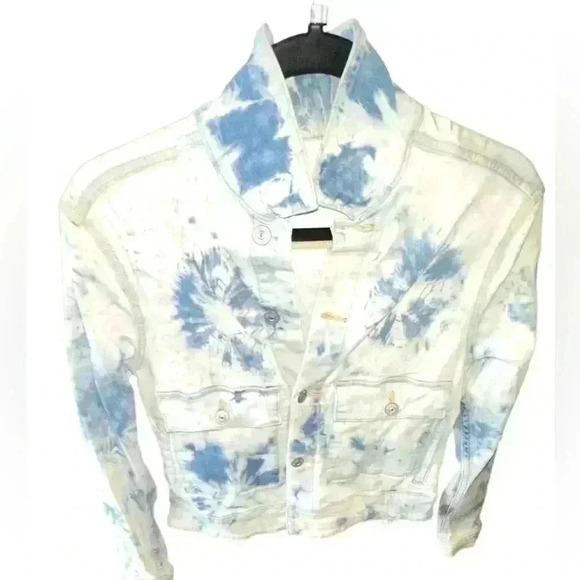Lularoe XS tie dye denim jacket “ good vibes only”peace sign & smiley face. NWOT - Picture 2 of 8